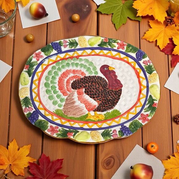 Vintage New Wang's International Fruit and Turkey Embossed Platter - Picture 2 of 7